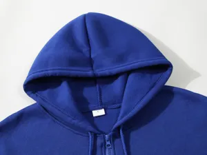 Blue fleece zipper hoodie detail, casual hooded sweatshirt closeup showing drawstring and collar.