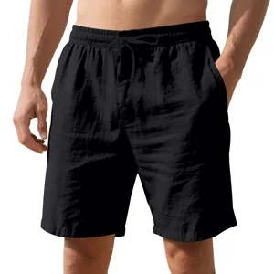 Close-up van zwarte linnen herenshorts met aantrekkoord in de taille en handige steekzakken.
