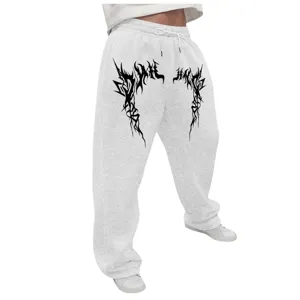 Pantalón de chándal gris con estampado gótico Y2K para hombre y mujer, corte holgado cómodo.