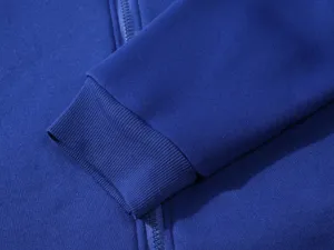 Blue zipper hoodie detail showing ribbed cuff and zipper texture. Perfect for casual wear.