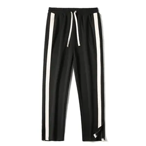 Men's casual loose straight leg sweatpants with white side stripes and adjustable drawstring.