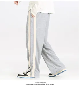 Mens casual loose fit sweatpants with contrast side stripes, straight leg design detail.