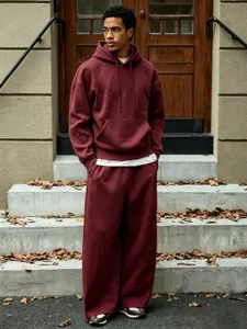 Men's casual fleece hoodie and wide-leg pants set detail view, comfortable daily wear.