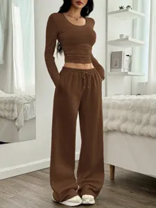 Ensemble haut manches longues marron et pantalon de survêtement décontracté femme mode automne