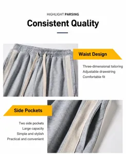 Men's casual trousers detail showing drawstring waistband and practical zipper pockets.