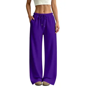 Women fleece lined loose wide leg sweatpants casual high waist drawstring purple trousers