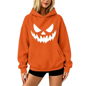 Men's Women's Unisex Casual Hoodie Halloween Pumpkin Print Long Sleeve Pullover Sweatshirt Drop Shoulder Pocket Hooded Tops