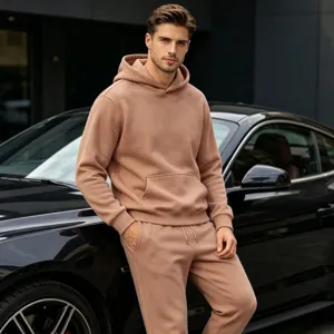 Men's casual solid color fleece-lined hooded sweatshirt and sweatpants detail view