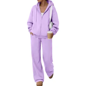 Solid color fleece tracksuit set featuring zip up hoodie and casual wide leg pants