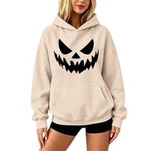 Casual Halloween pumpkin print dropped shoulder hooded sweatshirt for men and women apparel