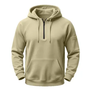 Men's casual half-zip fleece hoodie with kangaroo pocket in khaki, comfortable fit.