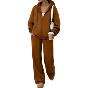 Brown zip hoodie and wide leg pants tracksuit set, casual fleece loungewear for daily wear.