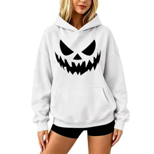 White Halloween pumpkin face graphic hoodie with drop shoulder and front pocket
