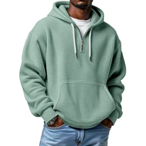 Men's Casual Waffle Knit Quarter Zip Hoodie Long Sleeve Loose Fit Drawstring Pullover Sweatshirt With Kangaroo Pocket