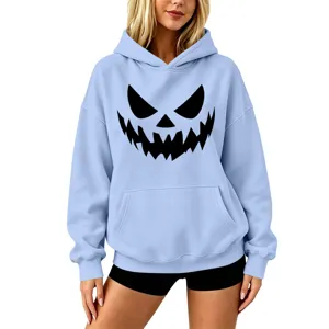 Casual light blue hoodie featuring a spooky Halloween pumpkin face print for men and women.