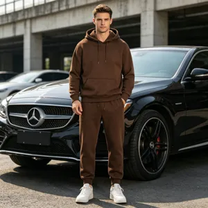 Men's solid color fleece-lined hoodie and sweatpants tracksuit casual two-piece set