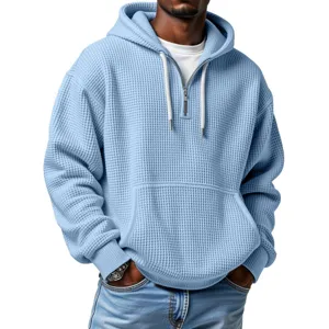 Men's light blue waffle knit quarter zip hoodie casual stylish hooded sweatshirt top