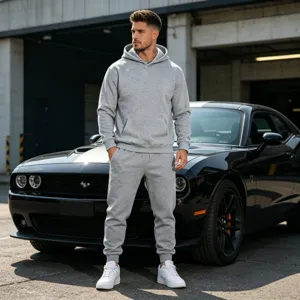 Men casual fleece lined tracksuit solid color hoodie and sweatpants set closeup view.