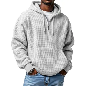 Men Casual Solid Color Waffle Knit Quarter Zip Hoodie with Kangaroo Pocket Sweatshirt