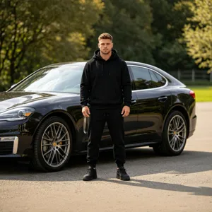 Men's solid fleece-lined hooded sweatshirt and sweatpants tracksuit set for casual sports wear.