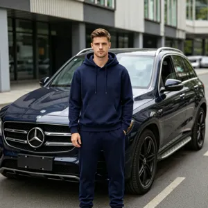 Men's casual solid color fleece-lined hoodie and sweatpants athletic two-piece set.