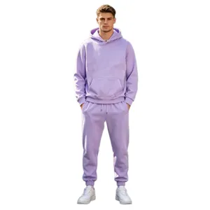 Men's solid color fleece-lined hooded sweatshirt and sweatpants casual tracksuit set.