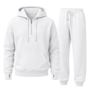 Plain white quarter-zip hoodie and sweatpants tracksuit set for casual everyday wear.