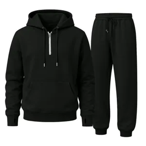 Unisex Casual Fleece Lined Tracksuit Half Zip Hoodie And Sweatpants Set Long Sleeve Winter Sportswear