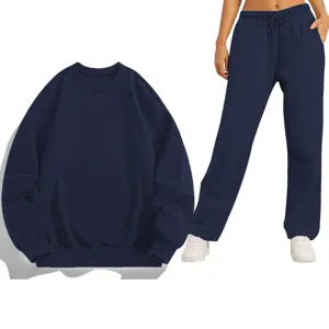 Detailed view of the solid navy blue crewneck sweatshirt and matching casual sweatpants set.