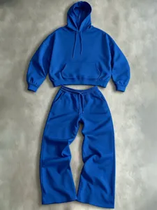 Royal blue casual two piece hoodie and wide leg sweatpants tracksuit set for women.