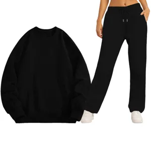Solid black long sleeve sweatshirt and casual sweatpants set for daily wear and sports.