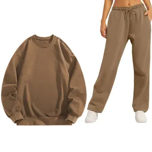 Solid color casual tracksuit set featuring a long sleeve sweatshirt and matching pants for daily wear.