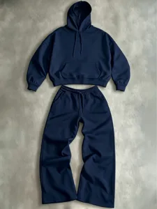 Casual American style navy blue hoodie and wide leg sweatpants set, comfortable loose fit.