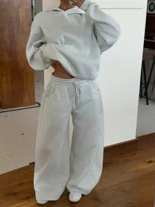 Women Fleece Hoodie And Wide Leg Sweatpants Set Casual Streetwear Tracksuit Grey Color