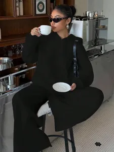 2026 new women fleece tracksuit set casual black hoodie and sweatpants streetwear fashion