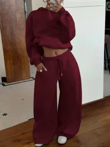 Women maroon fleece tracksuit set streetwear casual hooded sweatshirt and wide-leg pants detail