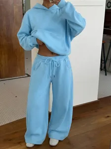 2026 new women casual fleece tracksuit light blue hoodie and sweatpants two piece set