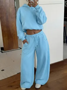 Women's casual light blue hoodie and wide leg sweatpants tracksuit two piece set