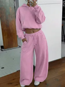 Pink tracksuit women hoodie and wide leg sweatpants two piece set casual streetwear.