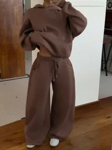 Women's fleece tracksuit set streetwear casual hooded sweatshirt and wide leg sweatpants
