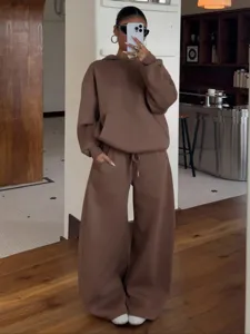 Women brown oversized fleece hoodie and wide leg sweatpants tracksuit set streetwear.