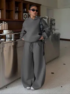 Women fleece tracksuit casual streetwear oversized hoodie wide leg pants set two piece