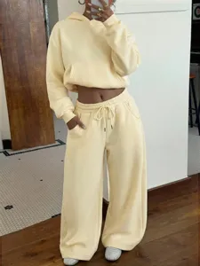 Women fleece tracksuit set casual butter yellow crop hoodie and wide leg pants streetwear