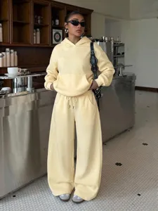 Women fleece tracksuit set casual light yellow hoodie and wide leg sweatpants outfit