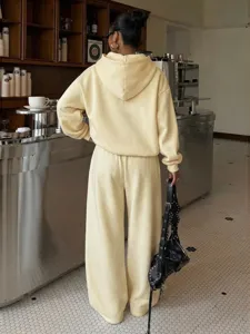 Women fleece hoodie wide leg sweatpants tracksuit casual two piece set butter yellow