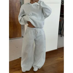 Women Fleece Tracksuit Casual Hoodie and Wide Leg Sweatpants Set Streetwear Loungewear