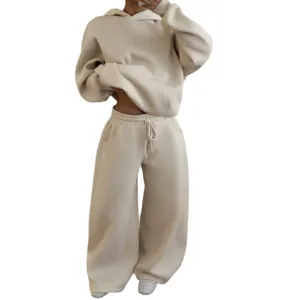 Women fleece tracksuit set oversized hoodie and wide leg sweatpants casual streetwear 2026