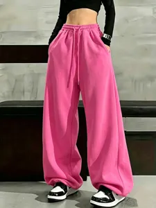 Pink fleece lined loose wide leg sweatpants women casual drawstring long pants detail view