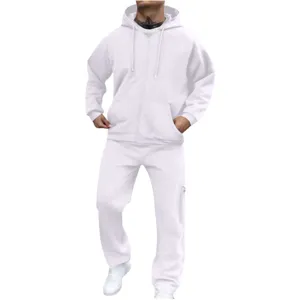 Vue détaillée d'un ensemble de survêtement blanc en polaire zippé avec capuche pour homme.