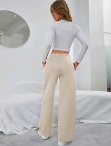 Women casual wide leg sweatpants solid color drawstring high waist trousers back view detail